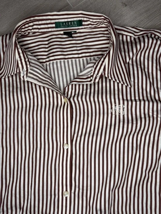 Lauren Ralph Lauren Striped Button Down Shirt Brown White Cotton Sz L - Picture 5 of 8
